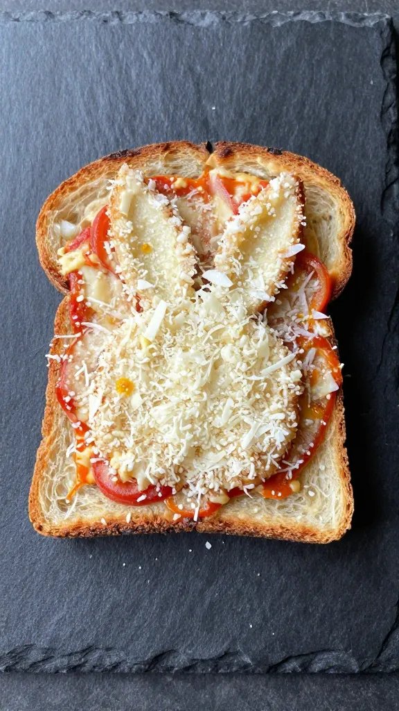 parmesan-dusted bunny pizza toast on slate board