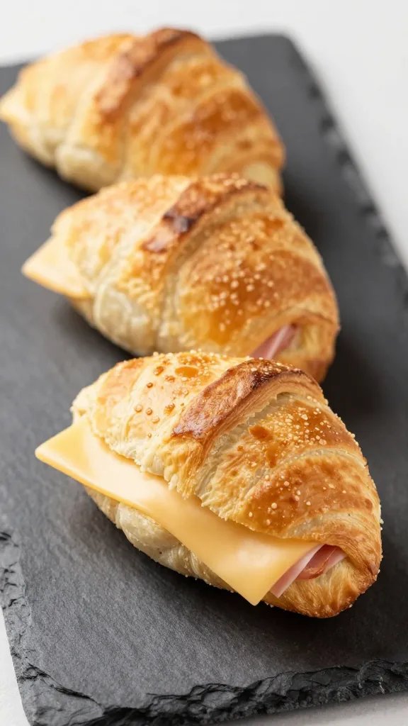 closeup of golden ham and cheese pinwheel on slate board