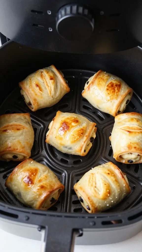 single air fryer basket with baked pinwheel, overhead closeup