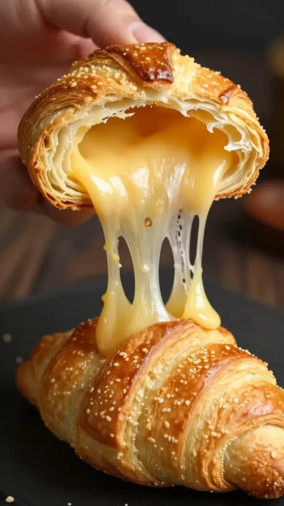 flaky crescent-dough pinwheel torn open, gooey cheese stretch