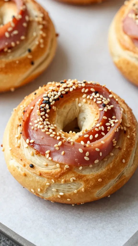 sesame-topped ham pinwheel on parchment, macro shot