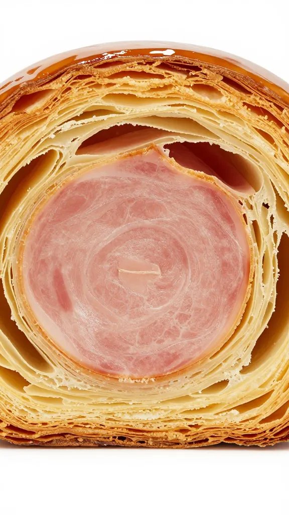 puff pastry ham pinwheel cross-section, crisp layers visible