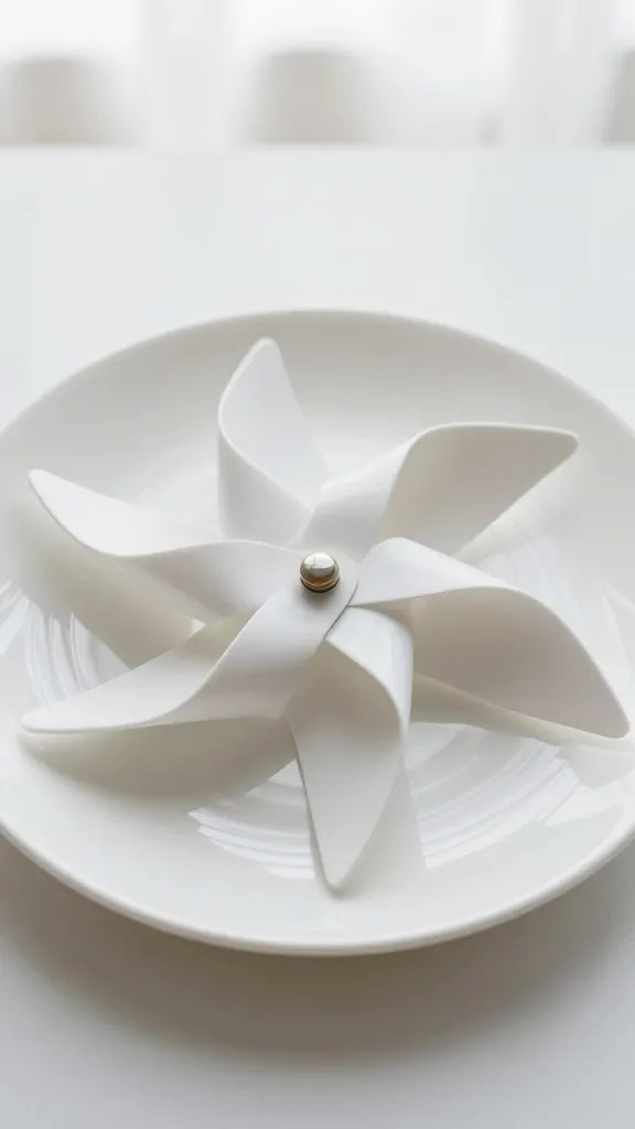 single pinwheel on white ceramic plate, soft window light