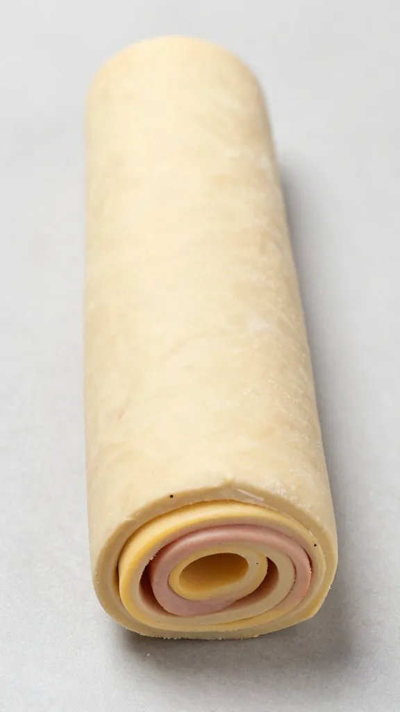 uncooked rolled dough log with ham and cheese spirals