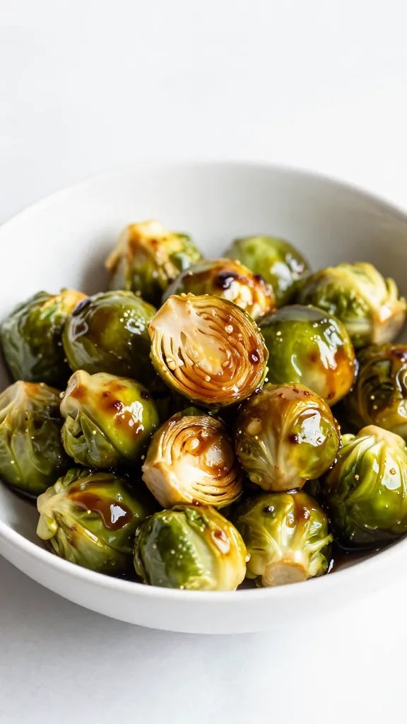 single white bowl of balsamic-glazed brussels sprouts