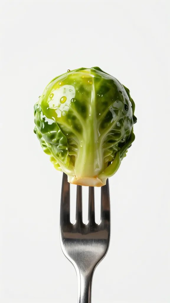 glossy brussels sprout half on fork, balsamic sheen