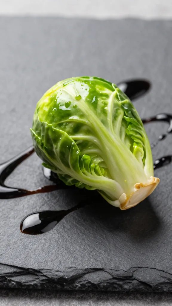 single brussels sprout on slate plate, balsamic drizzle