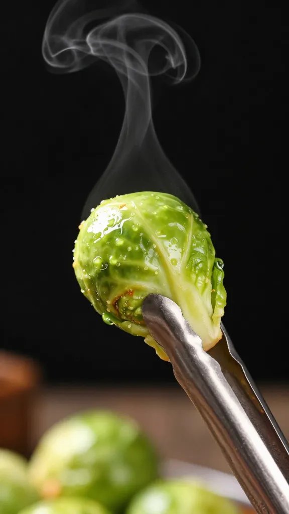 tongs holding one crispy brussels sprout, steam rising