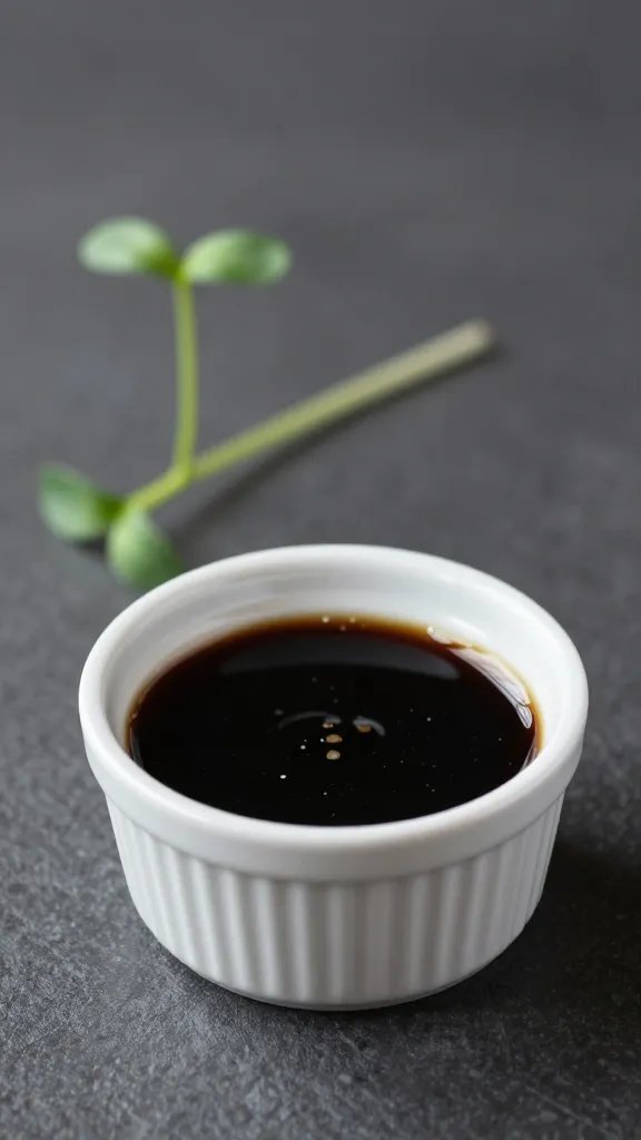small ramekin of balsamic reduction beside one sprout