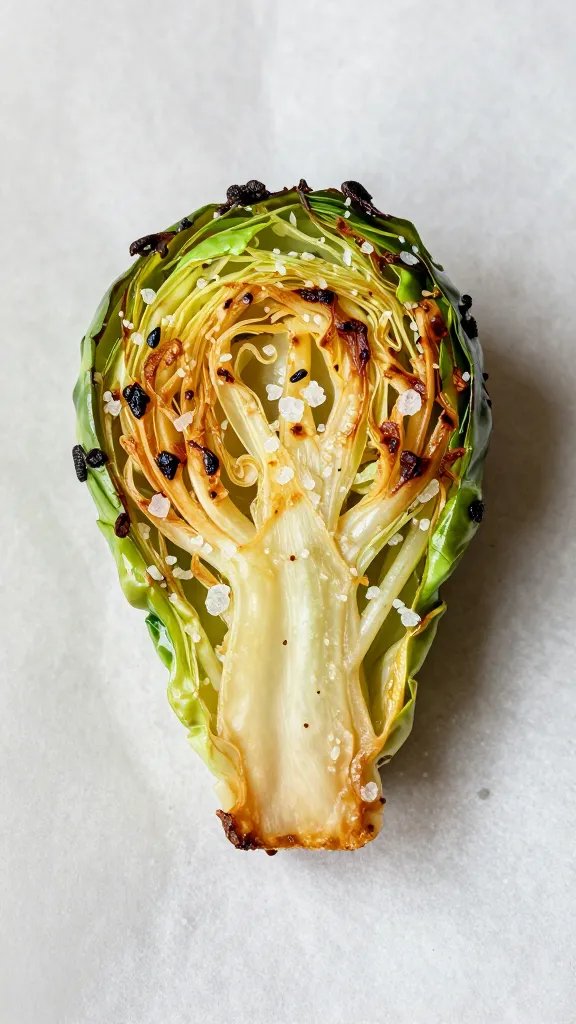 single roasted brussels sprout on parchment, sea salt