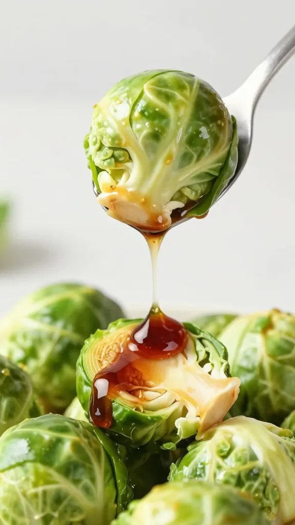 closeup of brussels sprout tossed in balsamic vinaigrette
