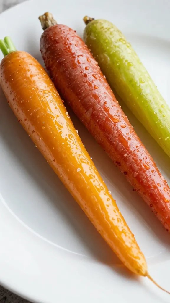closeup of maple glazed rainbow carrot on white plate