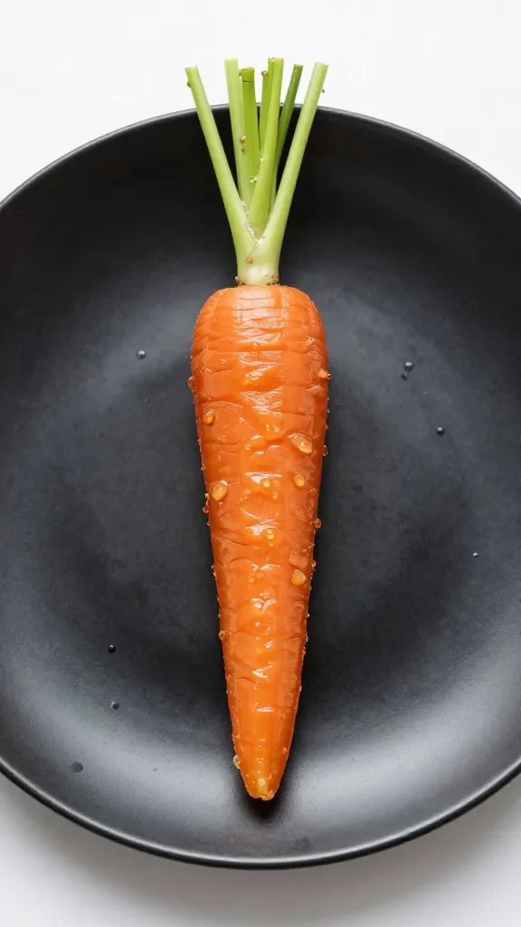 glazed carrot baton resting on matte black plate