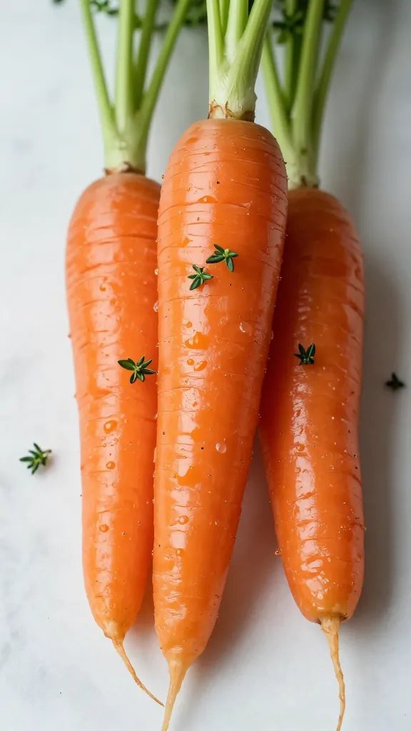 butter-sheened carrot with fresh thyme leaf garnish