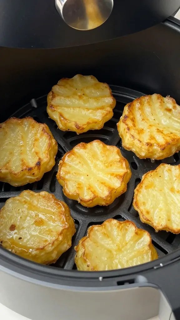 closeup of air fryer basket with golden scalloped potatoes