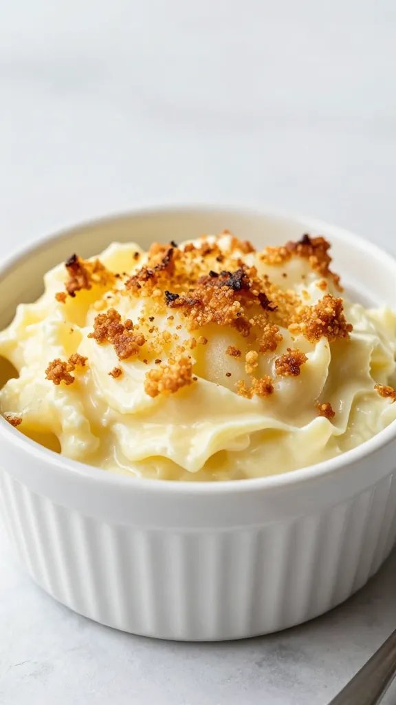 single ramekin of creamy scalloped potatoes, crispy top