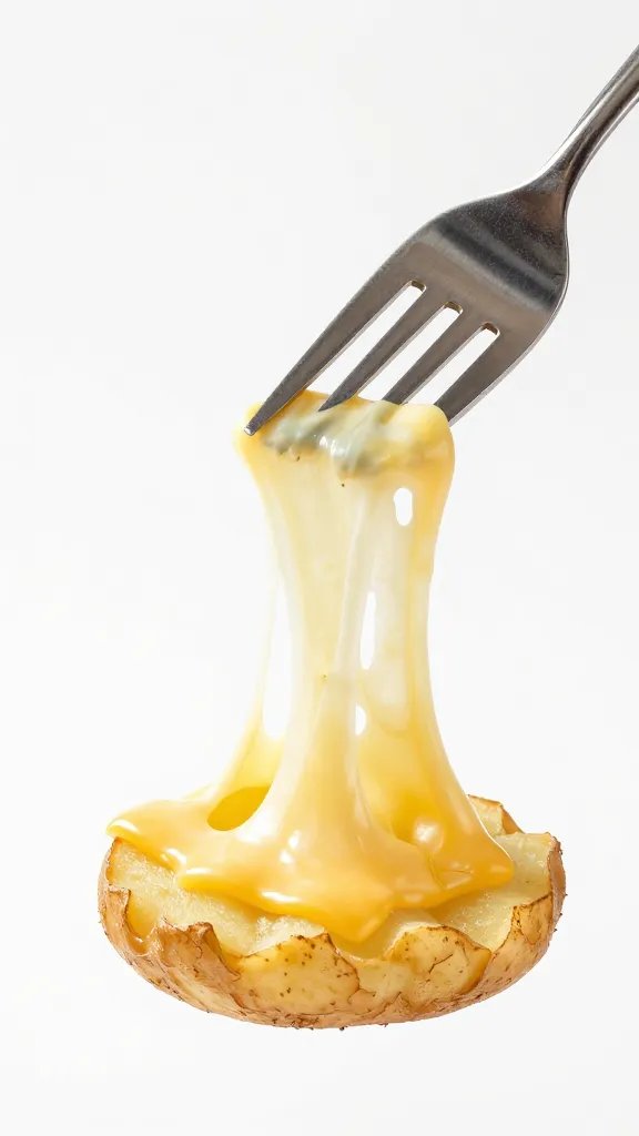 fork lifting one scalloped potato slice, cheese stretch