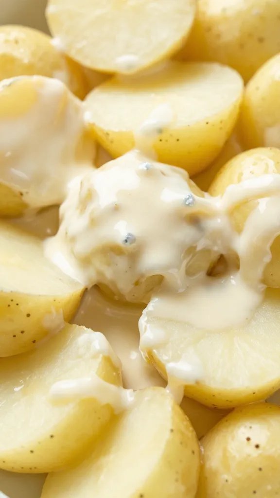 closeup of mandoline-sliced potatoes in creamy sauce