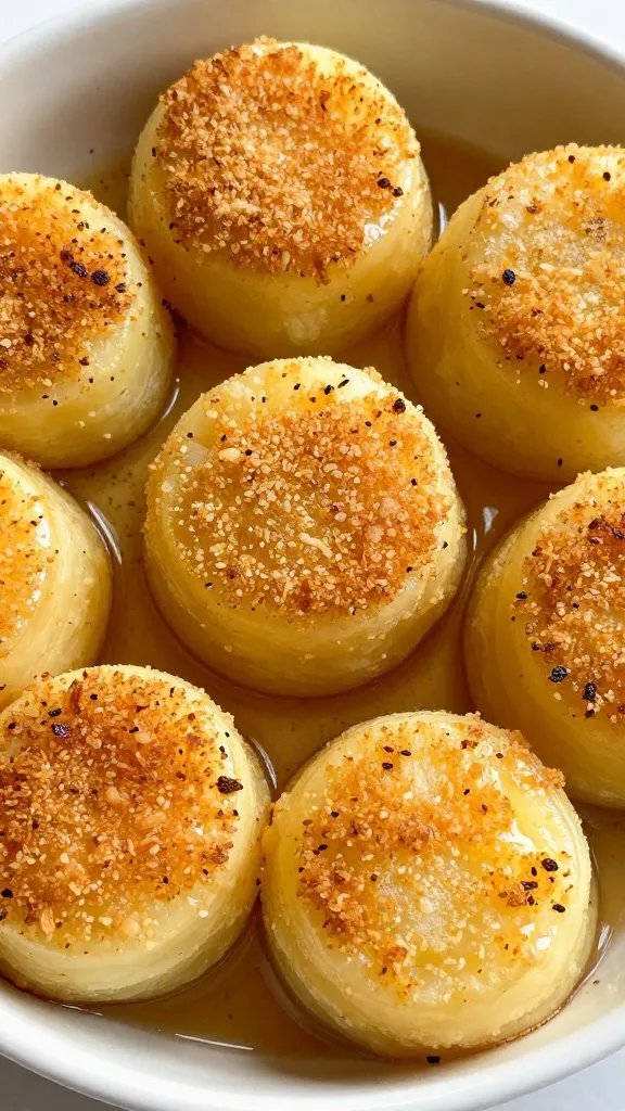 browned panko-topped scalloped potato round in dish