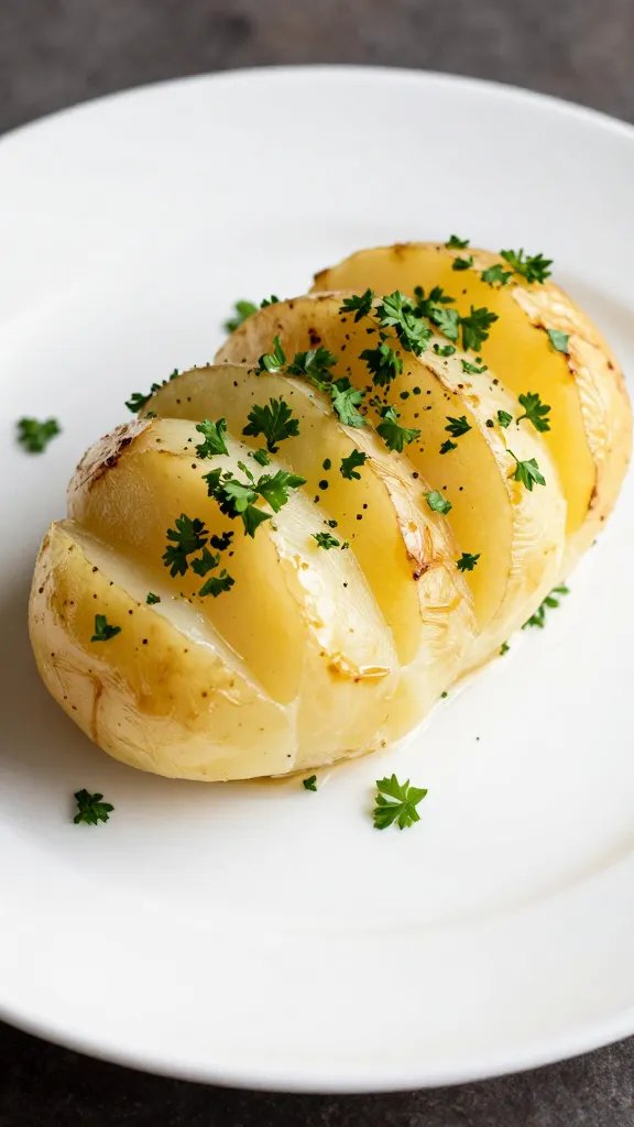 parsley-garnished scalloped potato portion on white plate