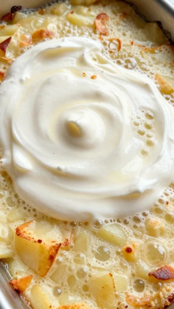 closeup of bubbling cream on potato gratin surface
