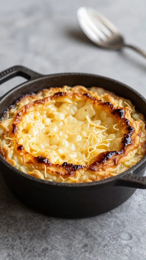 single cast-iron mini gratin with caramelized edges
