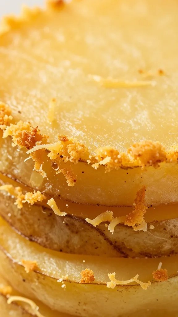 macro shot of golden cheese crust on potato layers