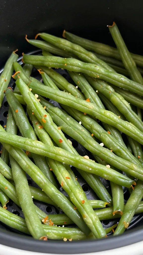 closeup bowl of air fryer garlic parmesan green beans