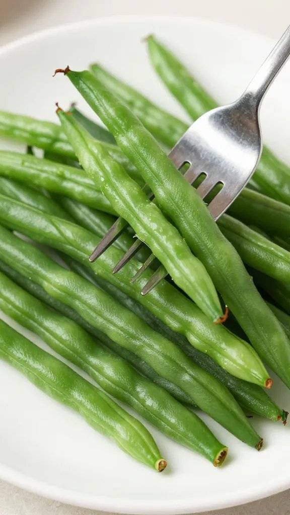 fork lifting crisp-tender garlic green bean