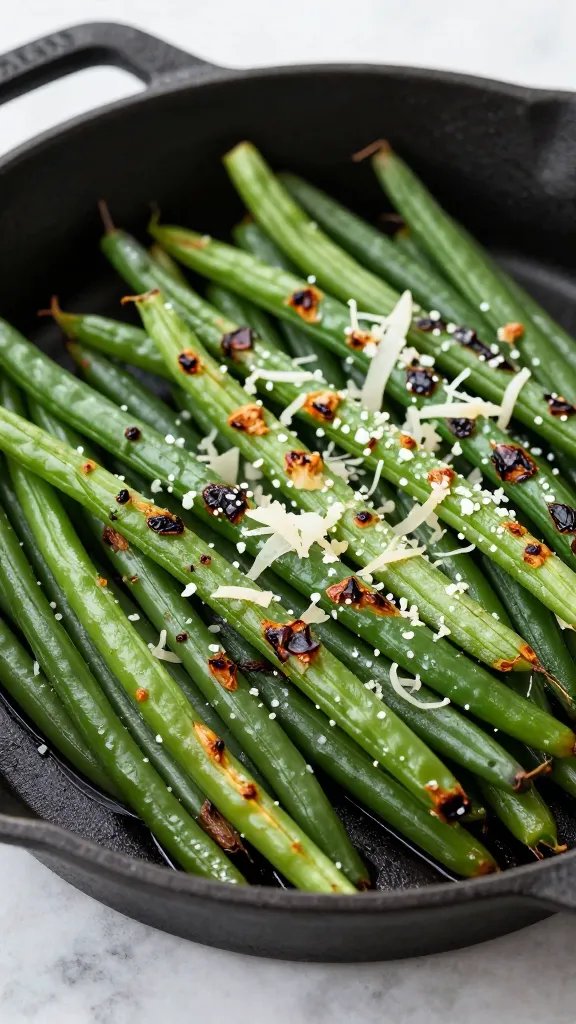 cast iron skillet of blistered parmesan green beans