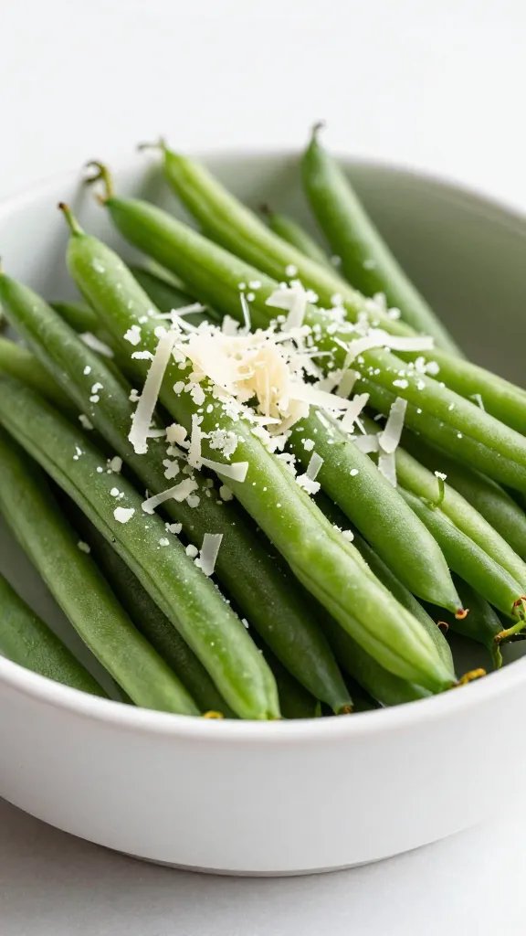 white ceramic bowl of green beans with grated parmesan