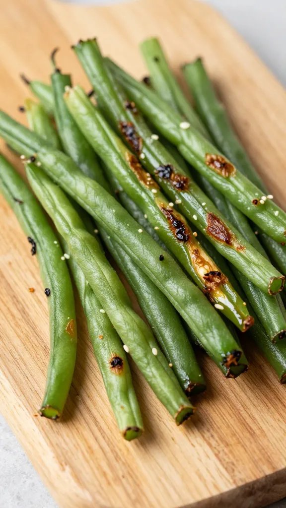 wooden board with roasted garlic green bean pile