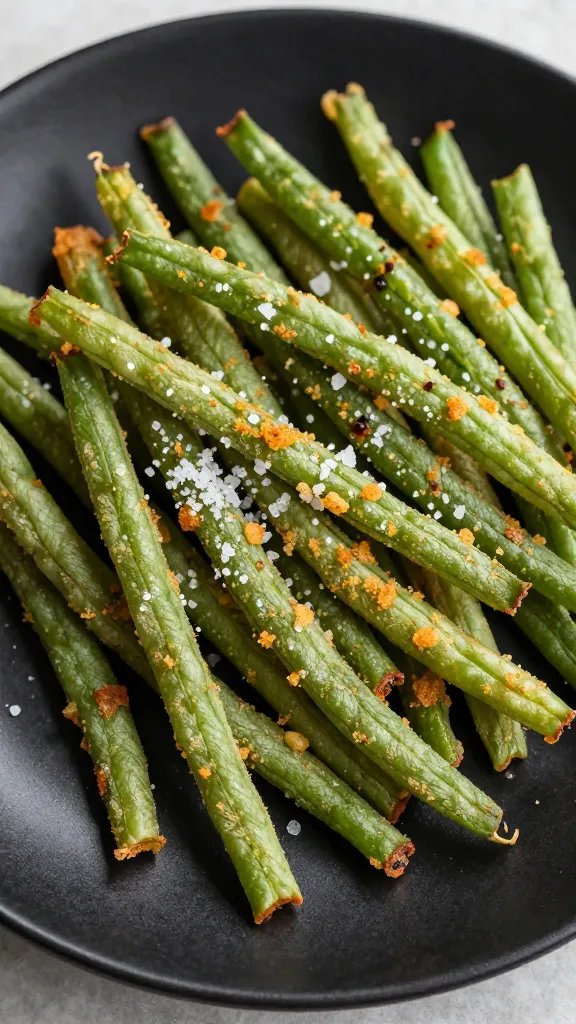 black plate of air-fried green beans, flaky salt finish