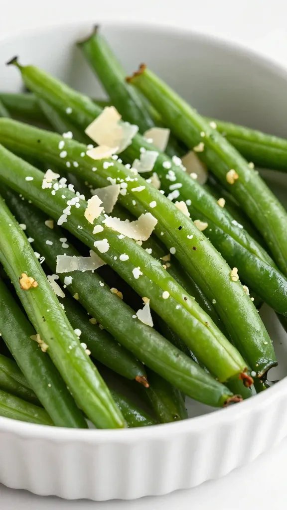 ramekin of garlicky green beans with parmesan shards