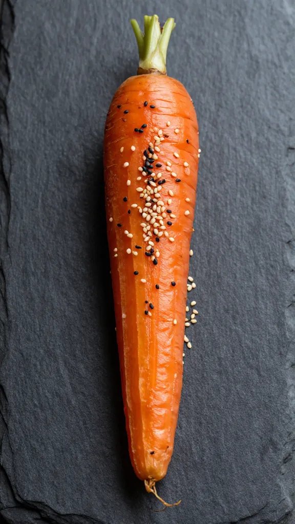 single roasted carrot with sesame sprinkle on slate board