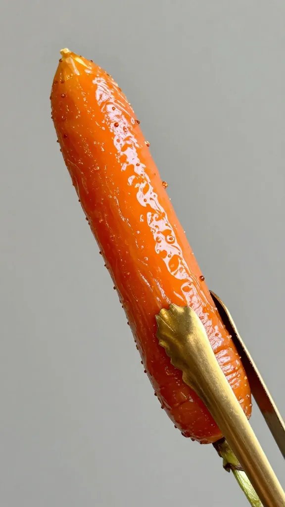 glossy roasted carrot held by gold tongs, closeup