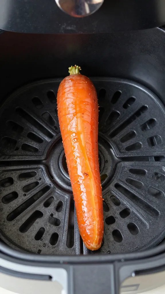 air fryer basket with one caramelized carrot, macro