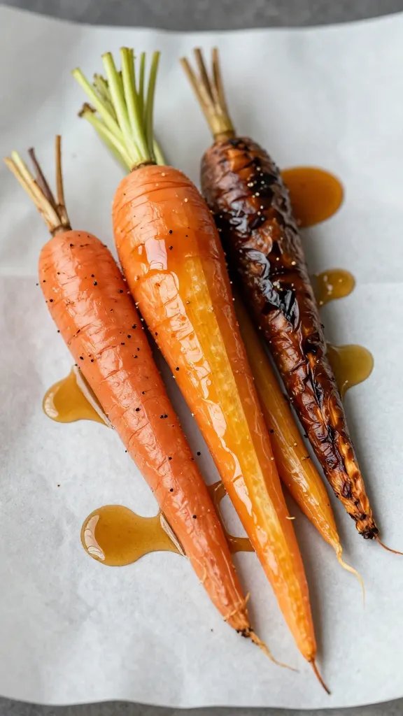 roasted rainbow carrot on parchment sheet, honey drizzle