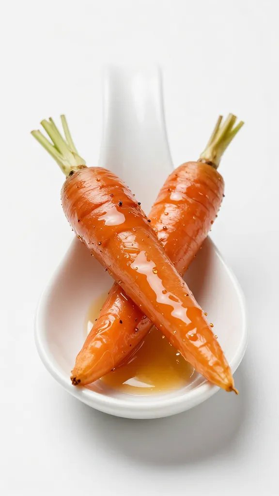 roasted carrot on white ceramic spoon, honey glaze