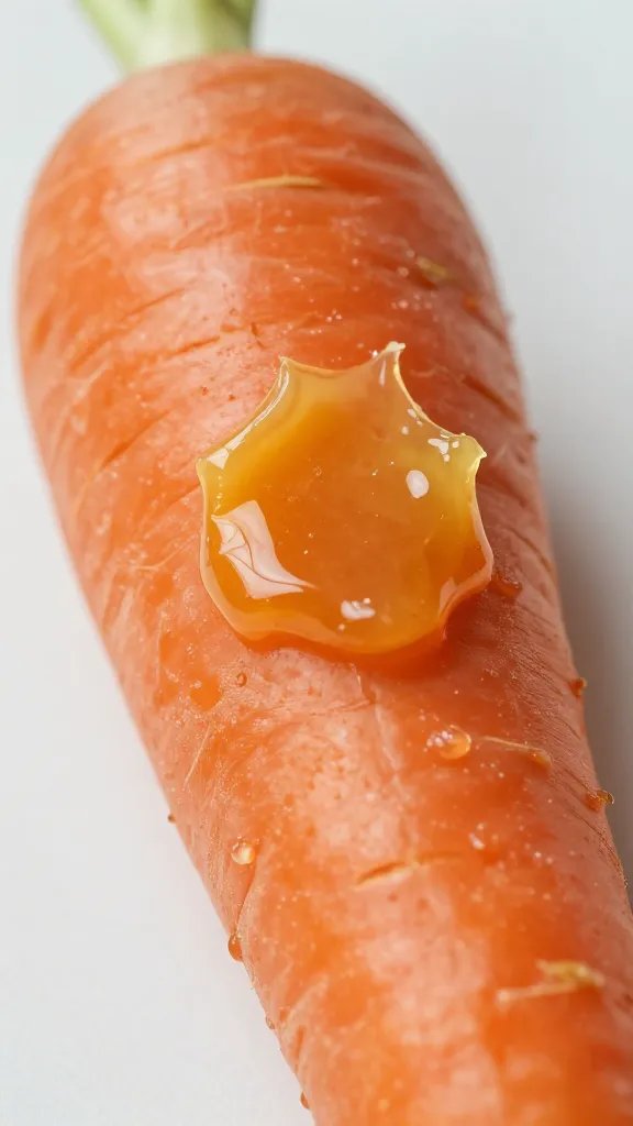 single peeled carrot brushed with honey butter, closeup