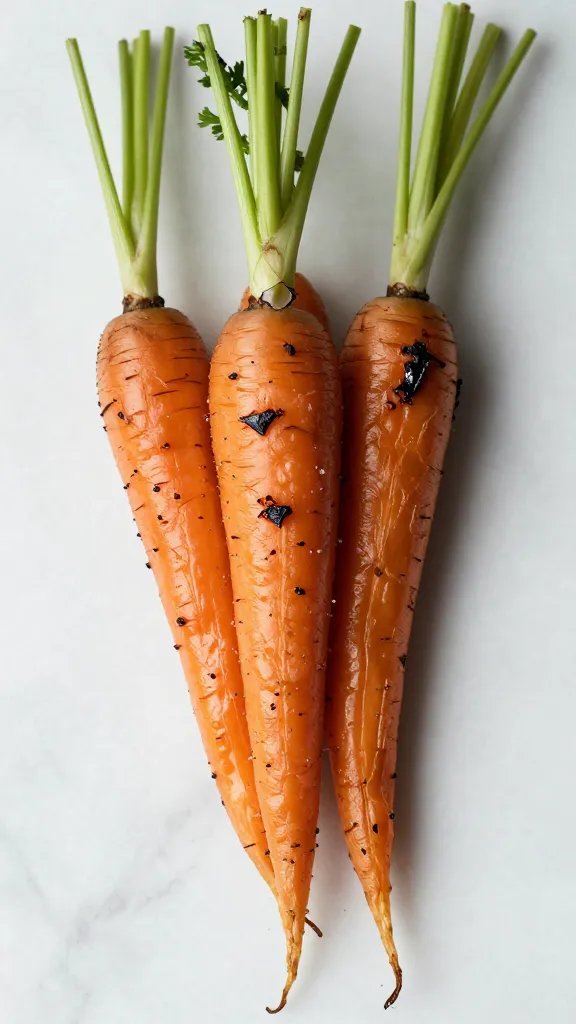 roasted carrot with charred edges on marble slab