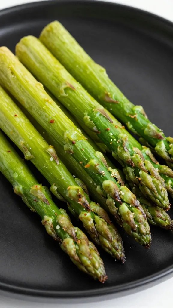 closeup of air-fried asparagus spears on matte black plate