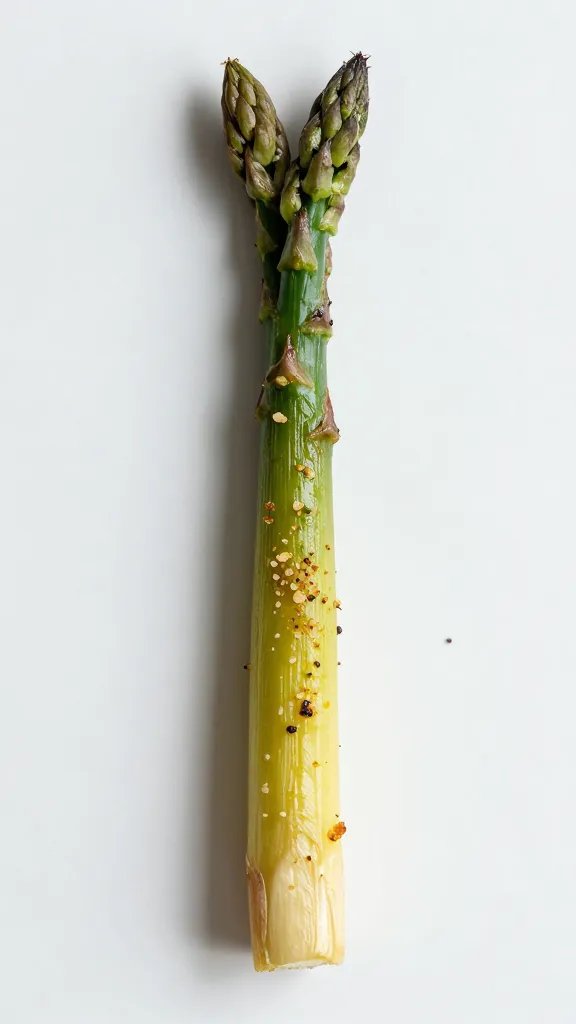 single roasted asparagus spear with lemon pepper crystals