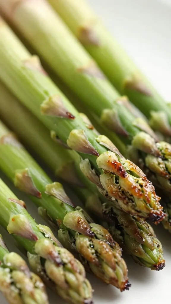 closeup of asparagus tips, caramelized edges, shallow depth