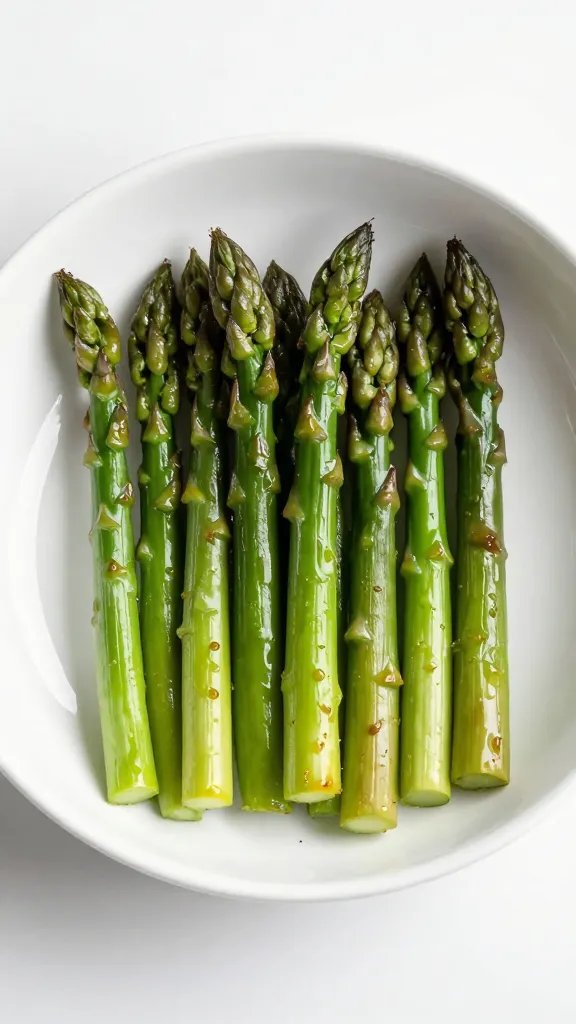 single white bowl of air-fryer asparagus, glossy finish