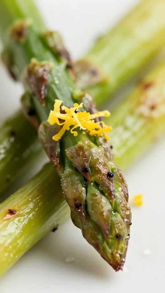 macro of lemon zest on roasted asparagus tip