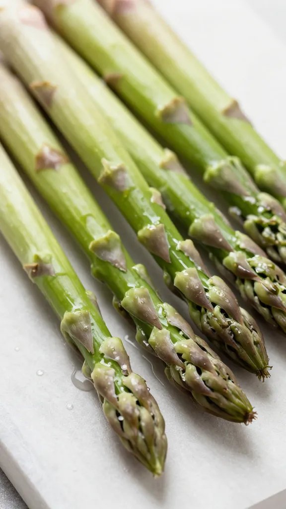 closeup of asparagus stalk on parchment, oil sheen