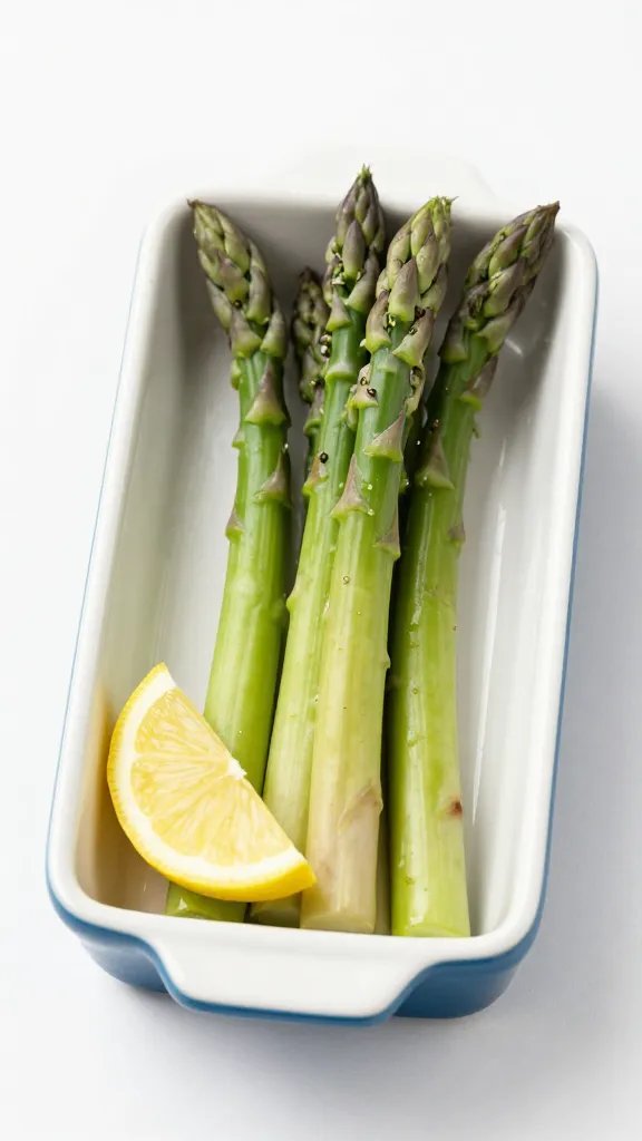 single serving of asparagus on stoneware with lemon wedge
