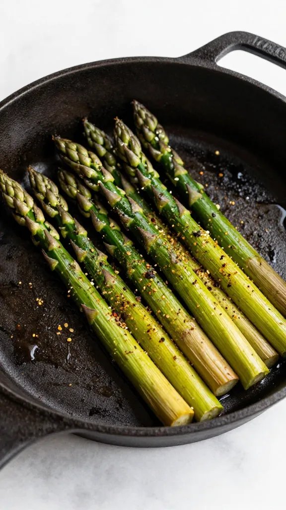 single cast-iron skillet with lemon pepper asparagus