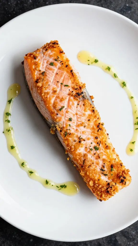Air-fried salmon fillet on white plate, lemon-dill sauce drizzle
